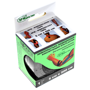 Купить: SFM лента кинезиологическая 5 см × 5 м на хлопковой основе с логотипом чёрная в диспенсере