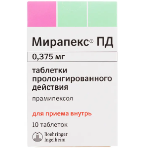 Купить: Мирапекс ПД 0,375 мг 10 шт таблетки с пролонгированным высвобождением