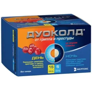 Купить Дуоколд 15 пакетиков день + 5 пакетиков ночь набор порошков для приготовления раствора для приема внутрь клюква без сахара