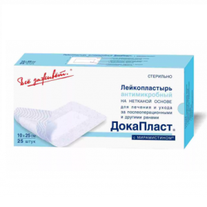 Купить: ДокаПласт 10 х 25 см 25 шт лейкопластырь стерильный антимикробный на нетканной основе