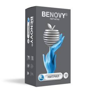 Купить: Benovy Перчатки нитриловые 100 пар смотровые нестерильные неопудренные текстурированные на пальцах хлорированные голубые р.XL 