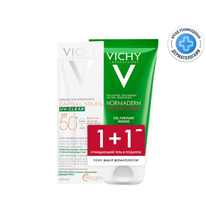 Купить: Vichy набор Capital Soleil UV-Clear флюид солнцезащитный для лица SPF50+ 40 мл + Normaderm Phytosolution гель очищающий для умывания 50 мл