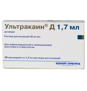 Купить: Ультракаин Д 40 мг/мл 1,7 мл 10 шт раствор для инъекций катридж