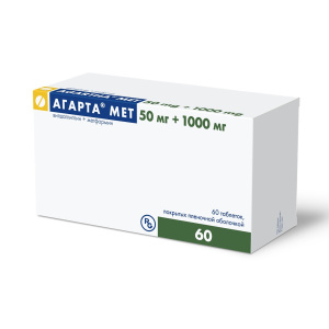 Купить: Агарта Мет 50 мг + 1000 мг 60 шт таблетки покрытые пленочной оболочкой