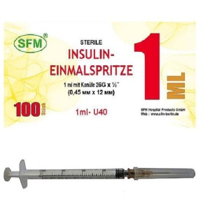 Купить: SFM U-40 1 мл 20 шт шприц инсулиновый одноразовый 3-х компонентный игла съемная 26G (0,45 мм х 12 мм)