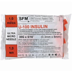 Купить: SFM U-100 1 мл 10 шт шприц инсулиновый одноразовый 3-х компонентный с интегрированной иглой 30G (0,3 мм х 8 мм)