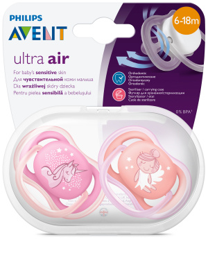 Купить: Philips Avent Ultra Air Desing SCF345/22 2 шт соска-пустышка силиконовая ортодонтическая 6-18 мес для девочек