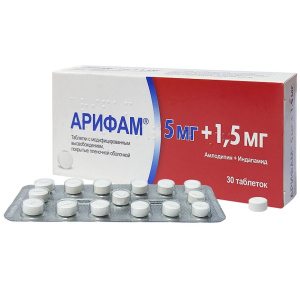 Купить: Арифам 5 мг + 1,5 мг 30 шт таблетки покрытые пленочной оболочкой с модифицированным высвобождением