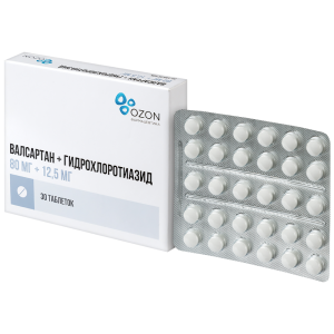 Купить: Валсартан+Гидрохлортиазид 80 мг + 12,5 мг 30 шт таблетки покрытые пленочной оболочкой
