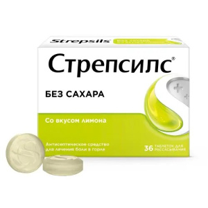 Купить: Стрепсилс 36 шт таблетки для рассасывания без сахара лимон