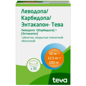 Купить: Леводопа/Карбидопа/Энтакапон-Тева 50 мг + 12,5 мг + 200 мг 30 шт таблетки покрытые пленочной оболочкой