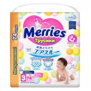 Купить: Merries 74 шт размер M 6-11 кг трусы-подгузники