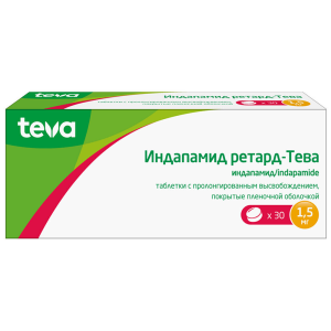Купить: Индапамид Ретард-Тева 1,5 мг 30 шт таблетки с пролонгированным высвобождением покрытые пленочной оболочкой