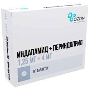 Купить: Индапамид+Периндоприл 1,25 мг + 4 мг 90 шт таблетки