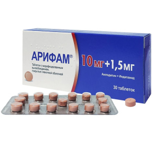 Купить: Арифам 10 мг + 1,5 мг 30 шт таблетки покрытые пленочной оболочкой с модифицированным высвобождением