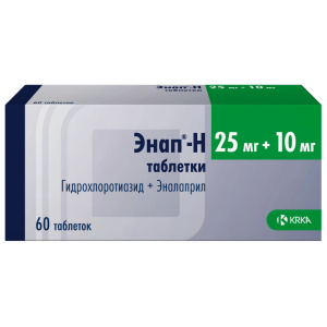 Купить: Энап-Н 25 мг + 10 мг 60 шт таблетки