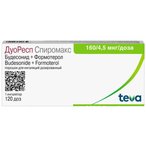 Купить: Дуоресп Спиромакс 160 мкг + 4,5 мкг/доза 120 ДОЗ 1 шт порошок для ингаляций дозированный