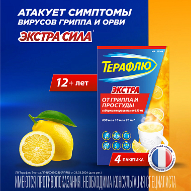 Купить ТераФлю Экстра 2 г 4 шт порошок для приготовления раствора для приема внутрь лимон