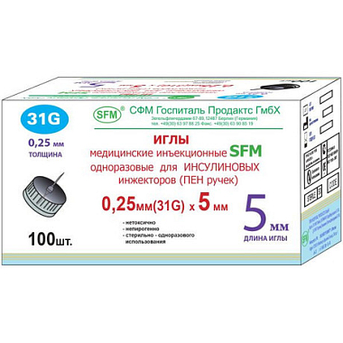 Купить SFM 100 шт иглы медицинские инъекционные одноразовые для шприц-ручек 31G (0,25 мм х 5 мм)