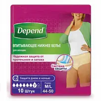 Купить: Depend 10 шт белье впитывающее для женщин размер M/L