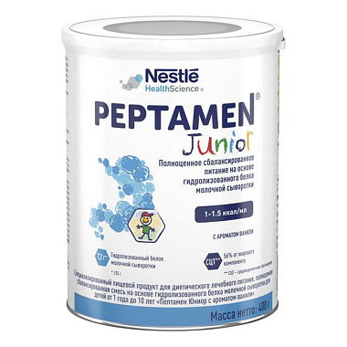 Купить Nestle Peptamen Junior 400 г смесь сухая для энтерального питания от 1 года до 10 лет банка ваниль