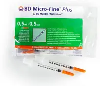 Купить: BD Micro-Fine Plus U-100 0,5 мл 10 шт шприц инсулиновый одноразовый 3-х компонентный игла 29G (0,33 мм х 12,7 мм)