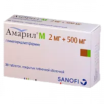 Купить: Амарил М 2 мг + 500 мг 30 шт таблетки покрытые пленочной оболочкой