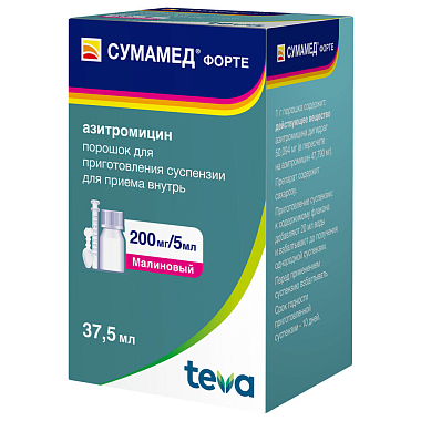Купить Сумамед Форте 200 мг/5 мл 37,5 мл порошок для приготовления суспензии для приема внутрь