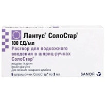 Купить: Лантус СолоСтар 100 ЕД/мл 3 мл 5 шт картридж в шприц-ручках СолоСтар раствор для подкожного введения