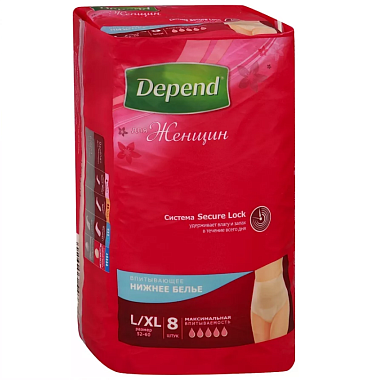 Купить Depend 8 шт подгузники-трусы для взрослых для женщин размер L/XL