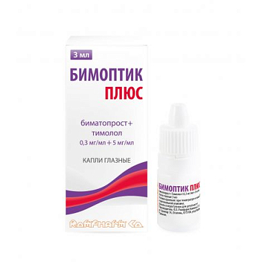 Купить Бимоптик Плюс 0,3 мг + 5 мг 3 мл капли глазные