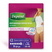 Купить: Depend 9 шт белье впитывающее для женщин размер L/XL