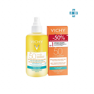 Купить Vichy Capital Soleil спрей двухфазный 200мл SPF 50+ увлажн + Мат эмульс д/лица Драй Тач SPF50 50мл