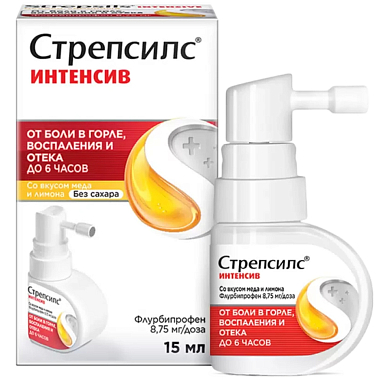 Купить Стрепсилс Интенсив 15 мл спрей для местного применения дозированный со вкусом меда и лимона без сахара