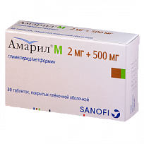 Купить: Амарил М 2 мг + 500 мг 30 шт таблетки покрытые пленочной оболочкой