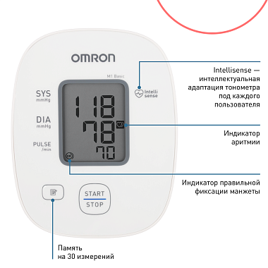 Купить Omron M1 Basic RU тонометр автоматический без адаптера со средней манжетой 22-32 см