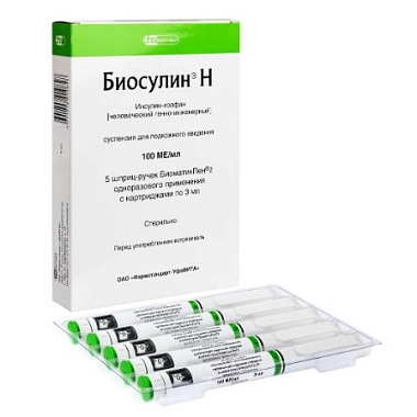 Купить Биосулин H 100 МЕ/мл 3 мл 5 шт суспензия для подкожного введения картридж + шприц-ручка 
