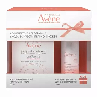 Купить Avene 50 мл крем питательный восстанавливающий + 50 мл пенка для снятия макияжа очищающая