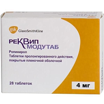 Купить: Реквип Модутаб 4 мг 28 шт таблетки с пролонгированным высвобождением покрытые пленочной оболочкой
