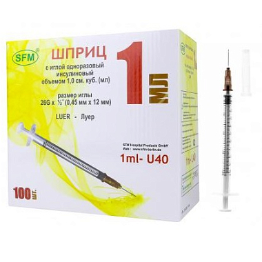 Купить SFM U-40 1 мл 100 шт шприц инсулиновый 3-х компонентный с иглой