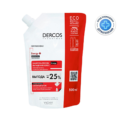 Купить Vichy Dercos Energy+ 500 мл шампунь тонизирующий с аминексилом против выпадения волос Eco-Refill сменный блок