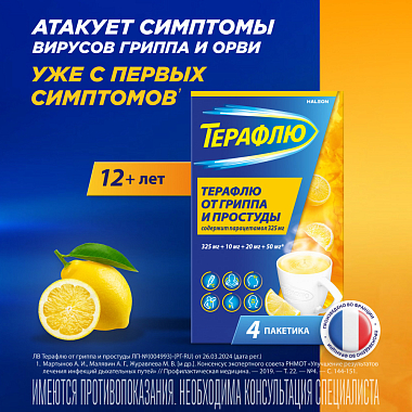 Купить Терафлю 2 г 4 шт порошок для приготовления раствора для приема внутрь лимон