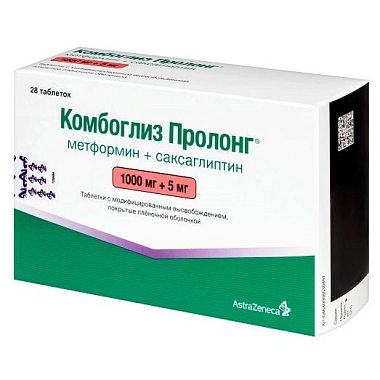 Купить Комбоглиз Пролонг 1000 мг + 5 мг 28 шт таблетки покрытые пленочной оболочкой с модифицированным высвобождением