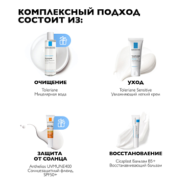 Купить La Roche-Posay Toleriane Sensitive набор дорожный для чувствительной кожи (крем 40 мл + бальзам 15 мл + флюид матирующий SPF50+ 15 мл + вода мицеллярная 50 мл)