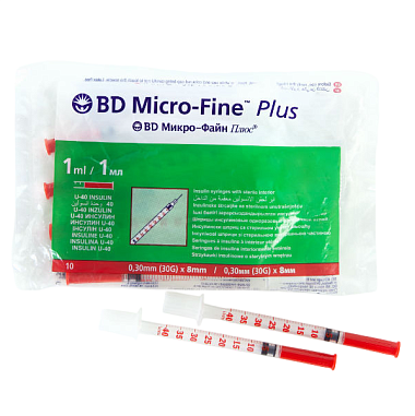 Купить BD Micro-Fine Plus U-40 1 мл 10 шт шприц инсулиновый одноразовый 3-х компонентный игла 30G (0,3 мм х 8,0 мм)