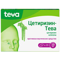 Купить: Цетиризин-Тева 10 мг 20 шт таблетки покрытые пленочной оболочкой