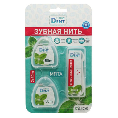 Купить Oleos TimeDENT набор 2 шт 50 м зубная нить + 10 шт флосс-зубочистки мята