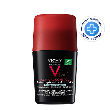 Купить Vichy Homme Clinical Control 50 мл дезодорант-антиперспирант мужской  шариковый  с защитой от избыточного потоотделения 96 ч с цинком и перлитом
