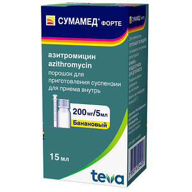 Купить Сумамед Форте 200 мг/5 мл 15 мл банан порошок для приготовления суспензии для приема внутрь