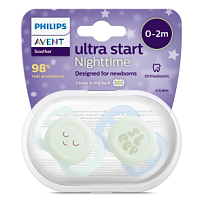 Купить: Avent Ultra Start Night 2 шт соска-пустышка силиконовая ортодонтическая с кольцом-держателем 0-2 месяца с футляром